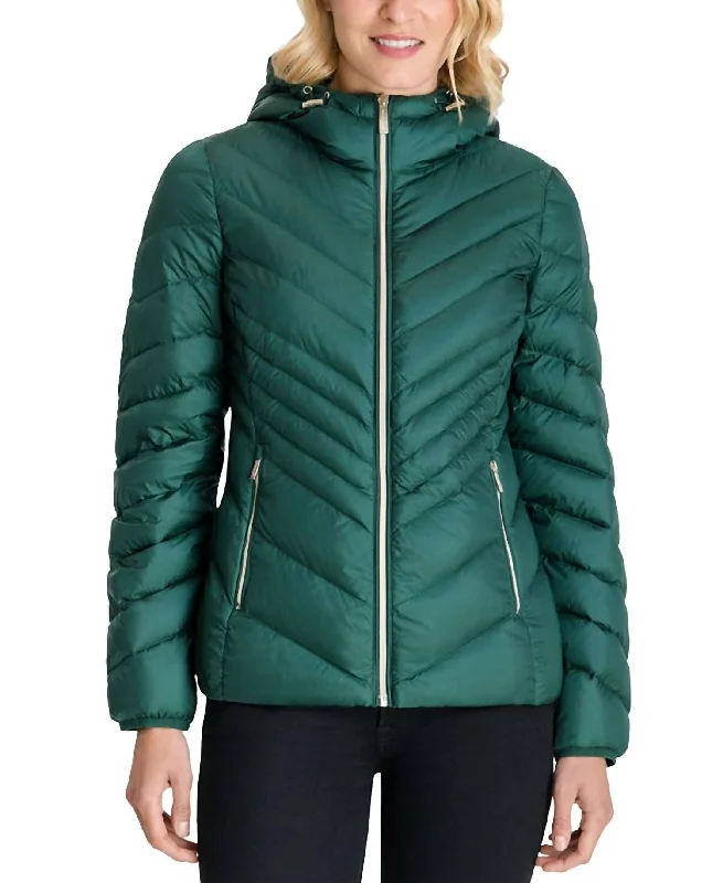 down coat for winter photography trips​ Women's Chevron Hooded Down Packable Coat In Green