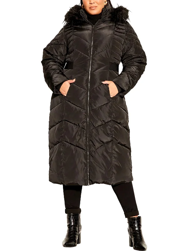 plus - size down coat for women on sale​ Womens Faux Fur Trim Polyester Puffer Jacket