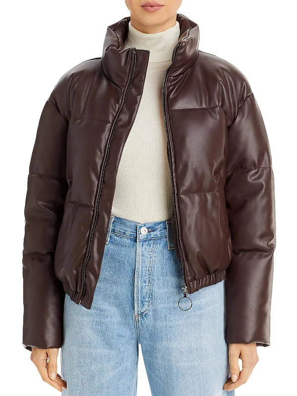 down coat for outdoor concerts in winter​ Womens Faux Leather Short Puffer Jacket