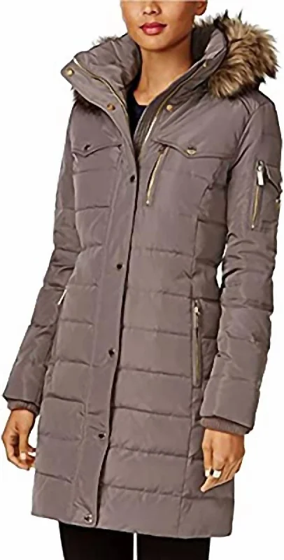 down coat for beach vacations in cold evenings​ Women's Flannel Down 3/4 Puffer Coat With Faux Fur And Hood In Gray