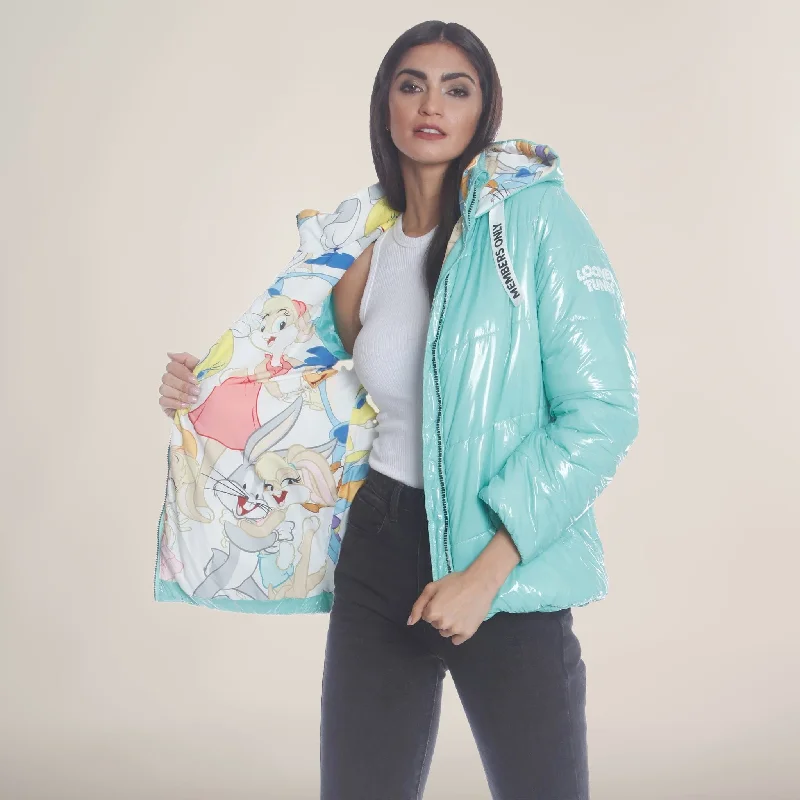 down coat for winter bird watching​ Women's Hi-Shine Chevron Quilt Puffer with Looney Tunes Mashup Print Lining