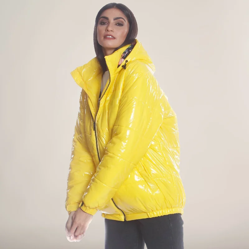 down coat for winter gardeners​ Women's Hi-Shine Chevron Quilt Puffer with Nickelodeon Mashup Print Lining Jacket