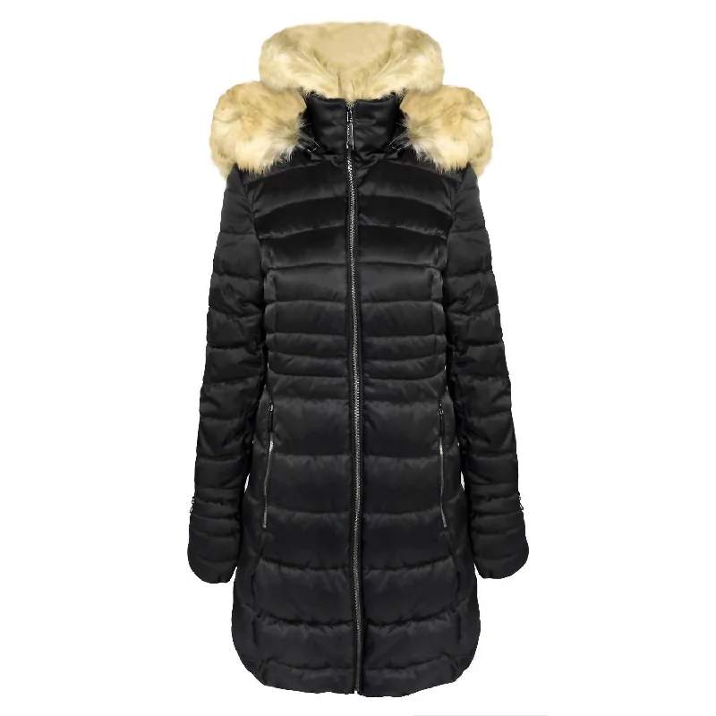 down coat for skiing and snowboarding​ Women's Quilted Faux Fur Hood Puffer Jacket Coat In Black