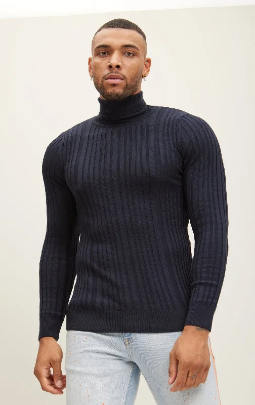 Women's Knit Boat - Neck Tops with a Loose Fit for Comfort Roll Neck Ribbed Sweater - Navy Women's Knit Boat - Neck Tops with a Loose Fit for Comfort Roll Neck Ribbed Sweater - Navy