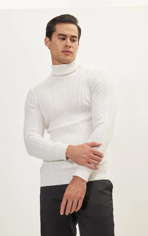 Plus Size Women's Knit Tunic Tops with Side Slits for a Flowy Silhouette Roll Neck Ribbed Sweater - White Plus Size Women's Knit Tunic Tops with Side Slits for a Flowy Silhouette Roll Neck Ribbed Sweater - White