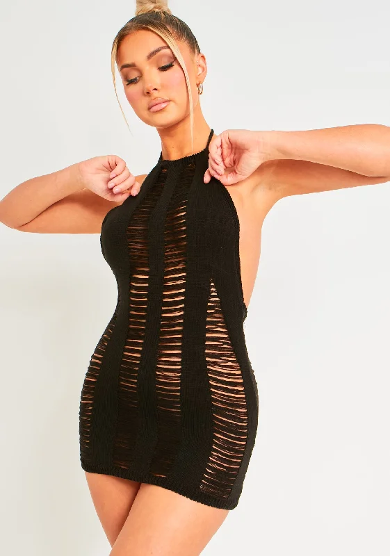 Knee - Length Women's Wool Blend Sweater Dresses in Neutral Colors Adriana Black Halter Neck Laddered Knit Dress Knee - Length Women's Wool Blend Sweater Dresses in Neutral Colors Adriana Black Halter Neck Laddered Knit Dress
