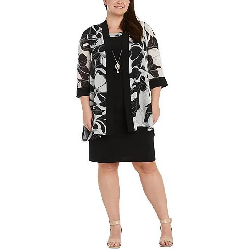 Plus Womens Shimmer Floral Print Open-Front Blazer
