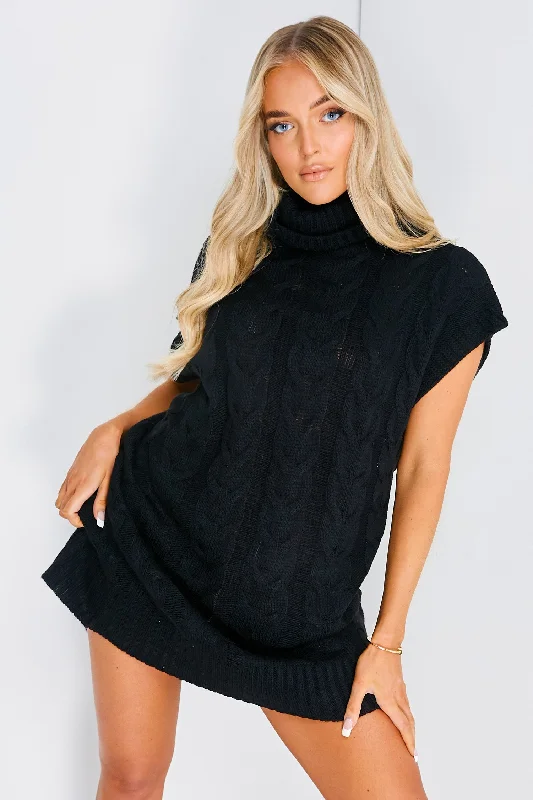 Longline Women's Mohair Sweater Dresses in a Loose Fit Fleur Black Chunky Cable Knit Roll Neck Dress Longline Women's Mohair Sweater Dresses in a Loose Fit Fleur Black Chunky Cable Knit Roll Neck Dress