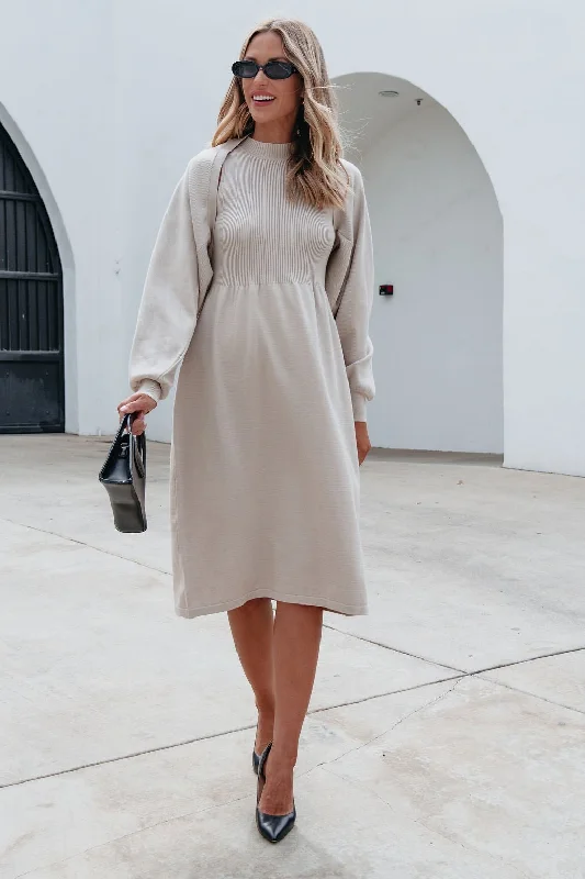 Plus Size Women's Turtleneck Sweater Dresses with Side Slits Champagne Sweater Dress & Cardigan Set Plus Size Women's Turtleneck Sweater Dresses with Side Slits Champagne Sweater Dress & Cardigan Set