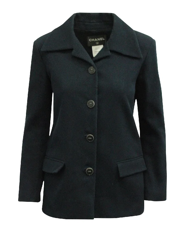 Plus Size Women's Military - Inspired Blazers with Gold Accents for a Bold Look Chanel 2015 Buttoned Blazer in Navy Blue Wool Plus Size Women's Military - Inspired Blazers with Gold Accents for a Bold Look Chanel 2015 Buttoned Blazer in Navy Blue Wool