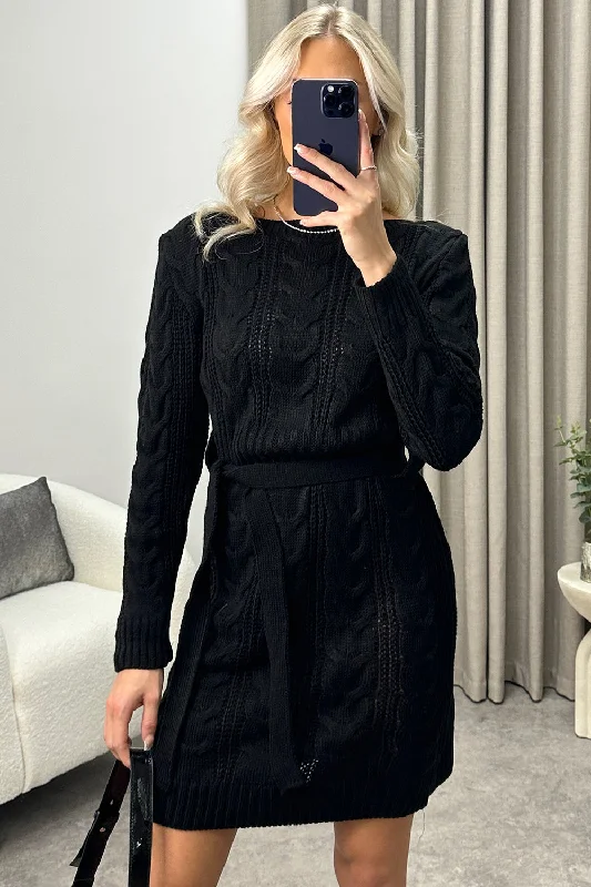 V - Neck Women's Ribbed Sweater Dresses with Belt for a Defined Waist Charleen Black Cable Knit Tie Belt Jumper Dress V - Neck Women's Ribbed Sweater Dresses with Belt for a Defined Waist Charleen Black Cable Knit Tie Belt Jumper Dress