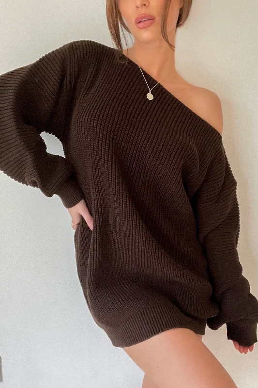 Plus Size Women's Tunic - Style Sweater Dresses with Pockets Ariel Chocolate Brown Off The Shoulder Knit Jumper Dress Plus Size Women's Tunic - Style Sweater Dresses with Pockets Ariel Chocolate Brown Off The Shoulder Knit Jumper Dress
