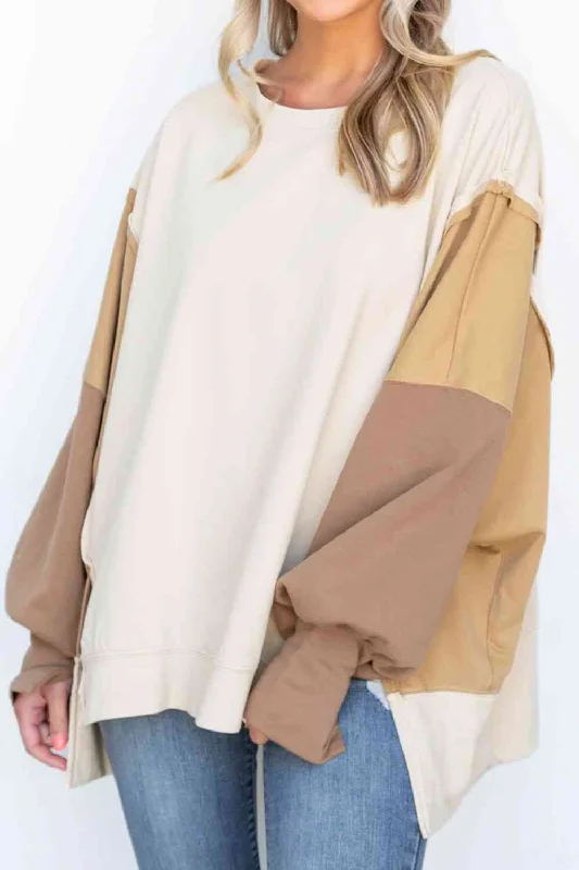 Women's hoodie with a detachable hood for customizable styling Color Block Exposed Seam Lantern Sleeve Sweatshirt Women's hoodie with a detachable hood for customizable styling Color Block Exposed Seam Lantern Sleeve Sweatshirt
