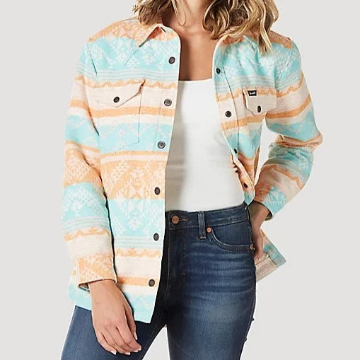 Women's long - length wool blend jackets for a warm and stylish winter look Wrangler Retro Women's Southwestern Print Shacket Women's long - length wool blend jackets for a warm and stylish winter look Wrangler Retro Women's Southwestern Print Shacket