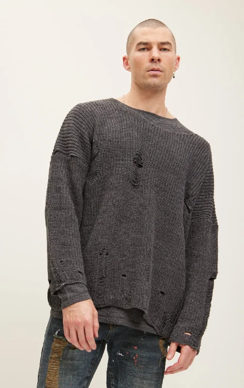 Mock - Neck Women's Knit Blouses in a Modern Style Two Piece Distorted Sweater - Anthracite Mock - Neck Women's Knit Blouses in a Modern Style Two Piece Distorted Sweater - Anthracite