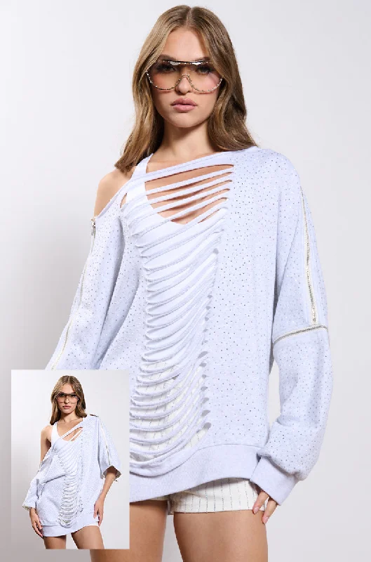 Women's color - block hoodie combining bold hues for a fashion - forward statement DISTRESSED OFF THE SHOULDER RHINESTONE EMBELLISHED SWEATSHIRT Women's color - block hoodie combining bold hues for a fashion - forward statement DISTRESSED OFF THE SHOULDER RHINESTONE EMBELLISHED SWEATSHIRT