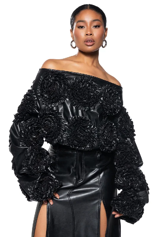 Women's long - sleeve cropped sweatshirt with ribbed cuffs for a snug fit EASY FAUX LEATHER OFF THE SHOULDER SWEATSHIRT Women's long - sleeve cropped sweatshirt with ribbed cuffs for a snug fit EASY FAUX LEATHER OFF THE SHOULDER SWEATSHIRT