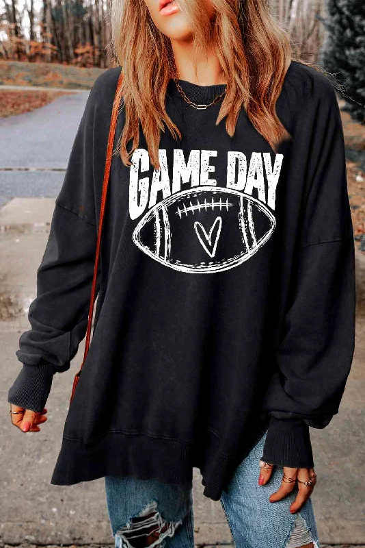 Women's zip - front sweatshirt with contrast stitching for a sporty aesthetic GAME DAY Graphic Slit Sweatshirt Women's zip - front sweatshirt with contrast stitching for a sporty aesthetic GAME DAY Graphic Slit Sweatshirt