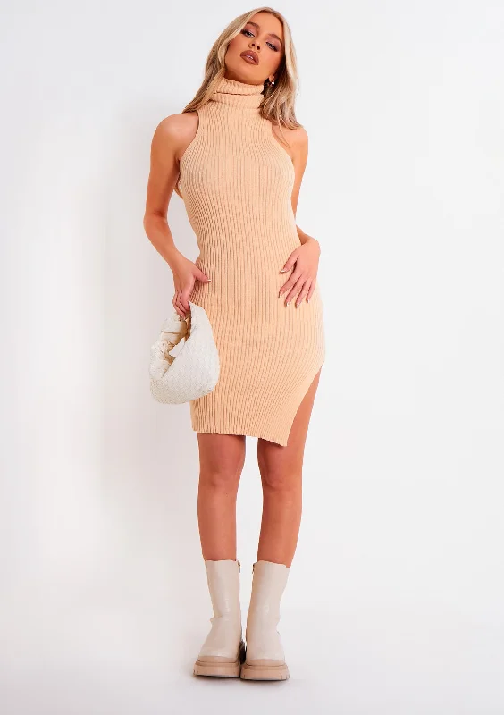 Short Sleeve Women's Cashmere Sweater Dresses in Pastel Hues Gina Beige Ribbed Knit Roll Neck Dress With Split Short Sleeve Women's Cashmere Sweater Dresses in Pastel Hues Gina Beige Ribbed Knit Roll Neck Dress With Split