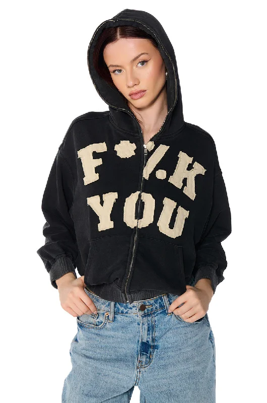 Women's pullover hoodie with a side slit for a modern and relaxed fit GRAPHIC LANGUAGE MINERAL WASH ZIP UP SWEATSHIRT Women's pullover hoodie with a side slit for a modern and relaxed fit GRAPHIC LANGUAGE MINERAL WASH ZIP UP SWEATSHIRT