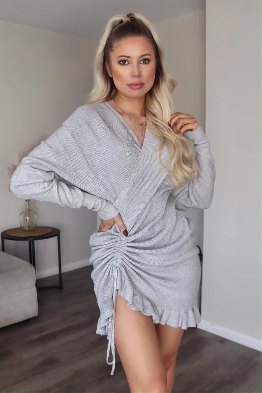 Plus Size Women's Open - Front Cardigan Style Sweater Dresses Mimi Grey Knit Wrap Ruched Frill Hem Dress Plus Size Women's Open - Front Cardigan Style Sweater Dresses Mimi Grey Knit Wrap Ruched Frill Hem Dress