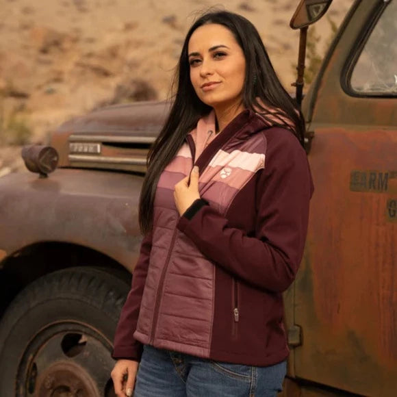 Women's quilted puffer jackets in a cropped silhouette for a modern twist  Hooey Women's SoftShell Jacket in Maroon