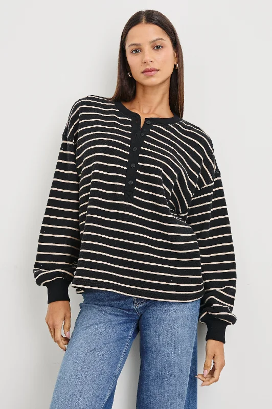Women's pullover hoodie with a side slit for a modern and relaxed fit JOAN SWEATSHIRT - BLACK IVORY STRIPE Women's pullover hoodie with a side slit for a modern and relaxed fit JOAN SWEATSHIRT - BLACK IVORY STRIPE