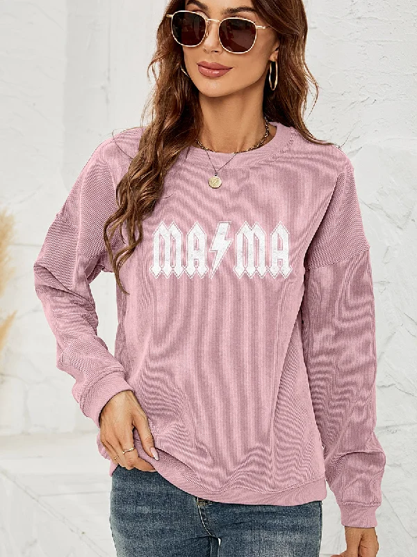 Women's crew - neck sweatshirt in a heather gray shade for a classic and versatile option MAMA Graphic Dropped Shoulder Sweatshirt Women's crew - neck sweatshirt in a heather gray shade for a classic and versatile option MAMA Graphic Dropped Shoulder Sweatshirt