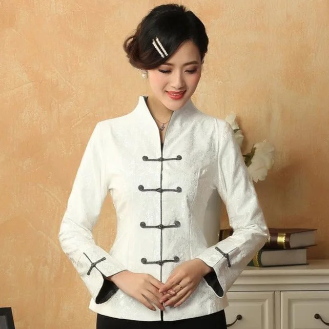 Women's waterproof rain jackets in bright yellow for high - visibility outdoor activities Mandarin Sleeve V Neck Chinese Style Jacket with Strap Buttons Women's waterproof rain jackets in bright yellow for high - visibility outdoor activities Mandarin Sleeve V Neck Chinese Style Jacket with Strap Buttons