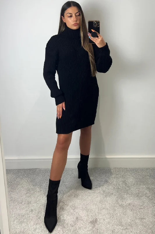 Mock Neck Women's Angora Blend Sweater Dresses in Solid Colors Marlin Black Roll Neck Ribbed Knit Jumper Dress Mock Neck Women's Angora Blend Sweater Dresses in Solid Colors Marlin Black Roll Neck Ribbed Knit Jumper Dress