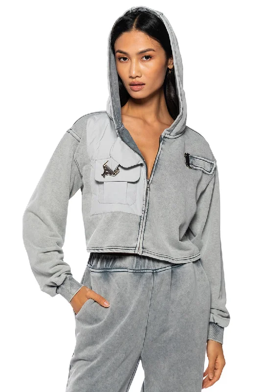 Women's tie - front hoodie in a lightweight fabric for summer layering OFF DUTY POCKET DETAIL SWEATSHIRT Women's tie - front hoodie in a lightweight fabric for summer layering OFF DUTY POCKET DETAIL SWEATSHIRT
