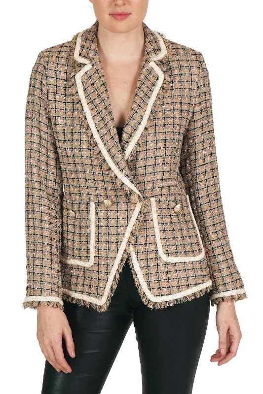 Women's Tailored Stretch Blazers in Navy Blue for Business Meetings Plaid Tweed Blazer Women's Tailored Stretch Blazers in Navy Blue for Business Meetings Plaid Tweed Blazer