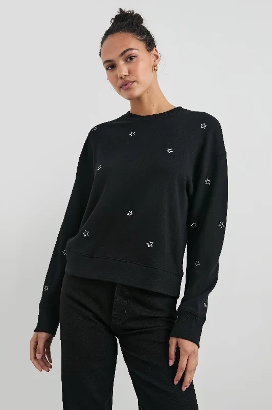 Women's cropped sweatshirt with a lace - trimmed hem for a romantic look RAMONA SWEATSHIRT - BLACK SILVER STAR EMBROIDERY Women's cropped sweatshirt with a lace - trimmed hem for a romantic look RAMONA SWEATSHIRT - BLACK SILVER STAR EMBROIDERY
