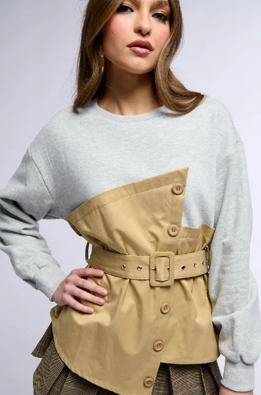 Women's long - sleeve cropped sweatshirt with ribbed cuffs for a snug fit READY FOR ACTION BELTED MIXED MATERIAL SWEATSHIRT Women's long - sleeve cropped sweatshirt with ribbed cuffs for a snug fit READY FOR ACTION BELTED MIXED MATERIAL SWEATSHIRT