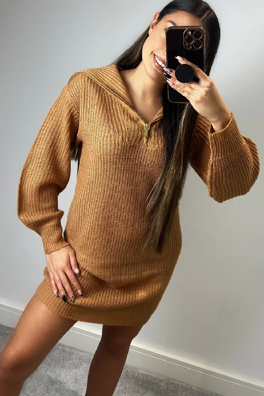 Women's Off - Shoulder Chunky Knit Sweater Dresses in Earth Tones Ryleigh Camel Zip Detail Roll Neck Knit Jumper Dress Women's Off - Shoulder Chunky Knit Sweater Dresses in Earth Tones Ryleigh Camel Zip Detail Roll Neck Knit Jumper Dress
