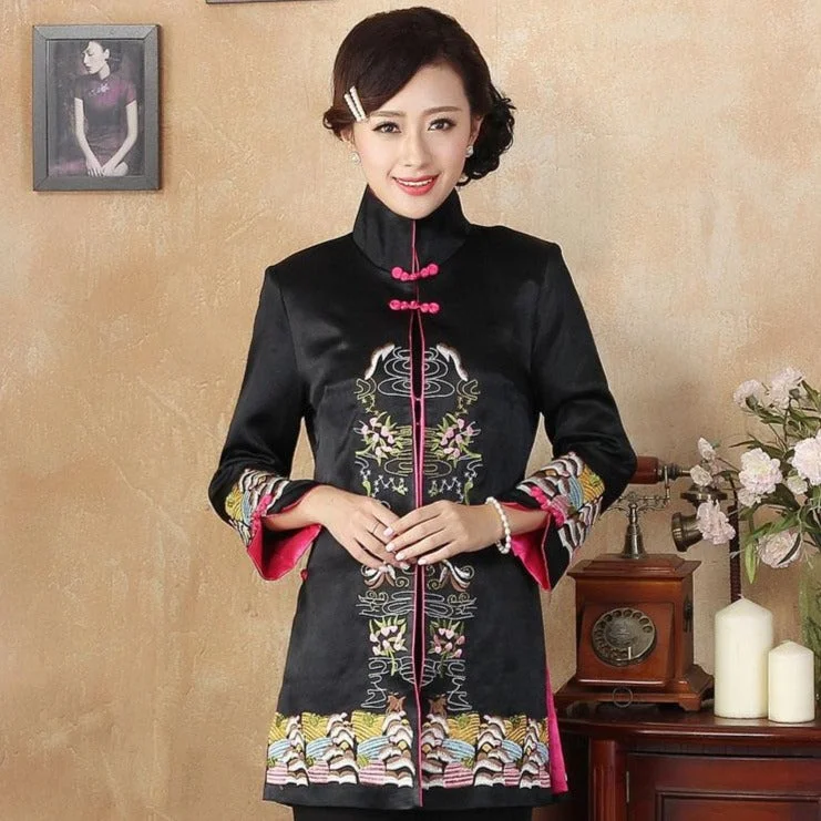 Women's cropped leather jackets with a fringe detail for a western - inspired outfit Stand Collar Floral Embroidery Silk Blend Chinese Wind Coat Women's cropped leather jackets with a fringe detail for a western - inspired outfit Stand Collar Floral Embroidery Silk Blend Chinese Wind Coat