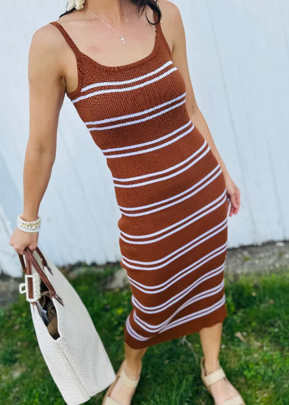 Knee - Length Women's Wool Blend Sweater Dresses in Neutral Colors Striped Midi Sweater Dress - Chestnut Knee - Length Women's Wool Blend Sweater Dresses in Neutral Colors Striped Midi Sweater Dress - Chestnut