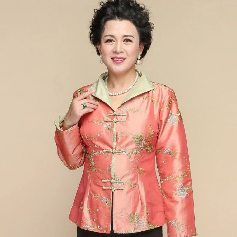 Women's moto jackets with a lace - up front for a unique and stylish touch V Neck Foral Embroidery Taffeta Chinese Style Jacket Women's moto jackets with a lace - up front for a unique and stylish touch V Neck Foral Embroidery Taffeta Chinese Style Jacket