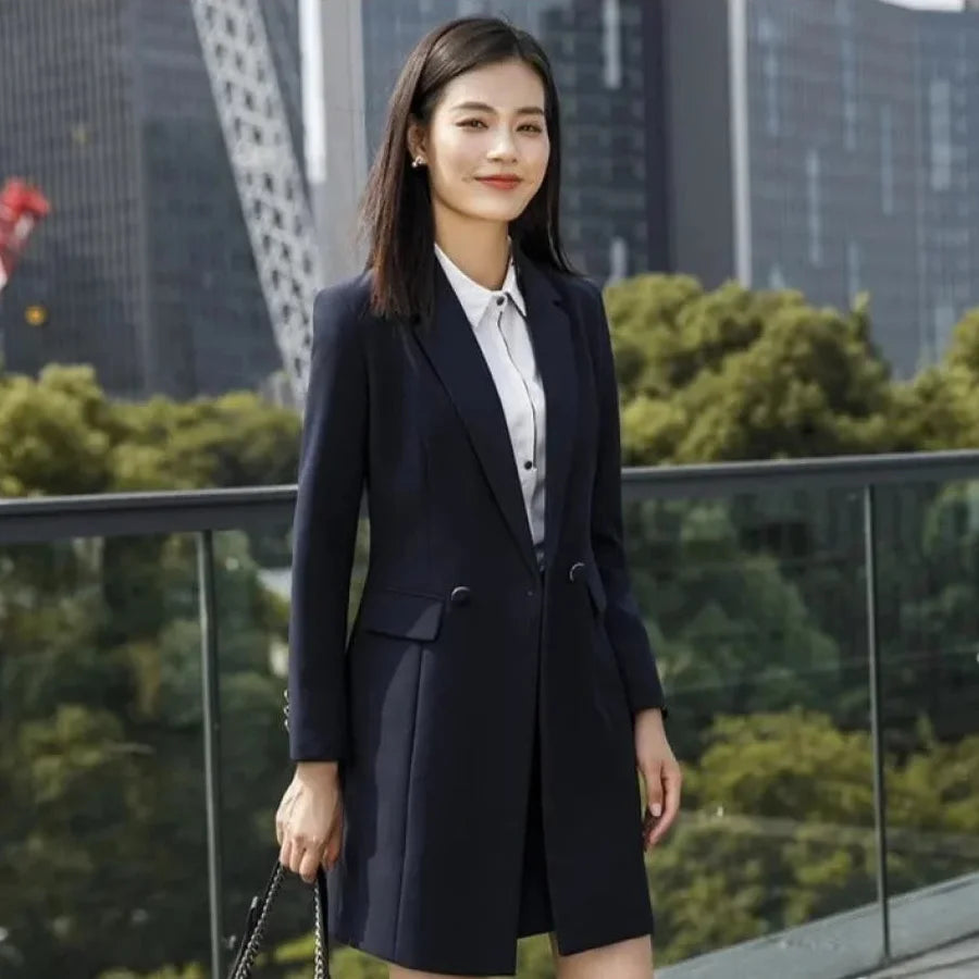 Single - Breasted Women's Tweed Blazers with Gold Buttons for a Classic Look Women's Winter Formal Navy Blue Puff Sleeve Notched Collar Blazer Single - Breasted Women's Tweed Blazers with Gold Buttons for a Classic Look Women's Winter Formal Navy Blue Puff Sleeve Notched Collar Blazer