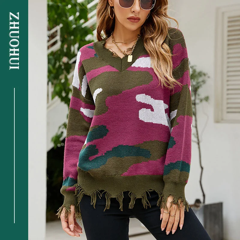 Autumn Casual V Neck Camouflage Color Cut Apart Pullover Sweatshirt Knit Tops Women Simple Streetwear Sweater For Ladies Clothes Autumn Casual V Neck Camouflage Color Cut Apart Pullover Sweatshirt Knit Tops Women Simple Streetwear Sweater For Ladies Clothes
