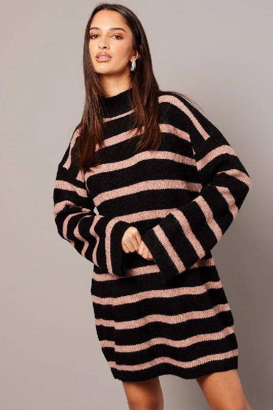 Plus Size Women's Striped Sweater Co - ords in Navy and White for a Nautical - Themed Look Beige Stripe Knit Jumper Dress Mini Plus Size Women's Striped Sweater Co - ords in Navy and White for a Nautical - Themed Look Beige Stripe Knit Jumper Dress Mini