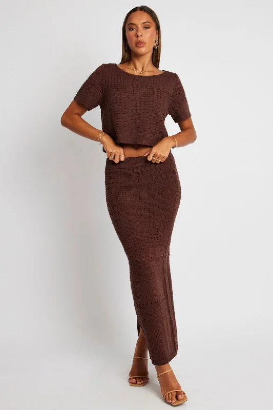 Women's Sheer Paneled Sweater Co - ords in Black for a Sexy and Alluring Style Brown Knit Skirt Crochet High Rise Women's Sheer Paneled Sweater Co - ords in Black for a Sexy and Alluring Style Brown Knit Skirt Crochet High Rise