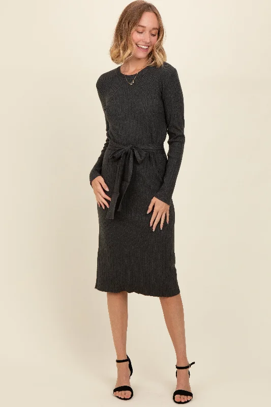 Plus Size Women's Long Sleeve Cable Knit Sweater Dresses Charcoal Ribbed Sash Tie Midi Sweater Dress Plus Size Women's Long Sleeve Cable Knit Sweater Dresses Charcoal Ribbed Sash Tie Midi Sweater Dress