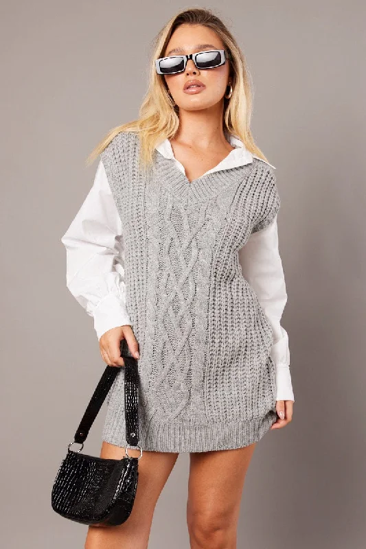 Regular Fit Women's Cropped Sweater Co - ords in Beige with Floral Embroidery for a Spring - Inspired Style Grey Knit Top Jumper Regular Fit Women's Cropped Sweater Co - ords in Beige with Floral Embroidery for a Spring - Inspired Style Grey Knit Top Jumper