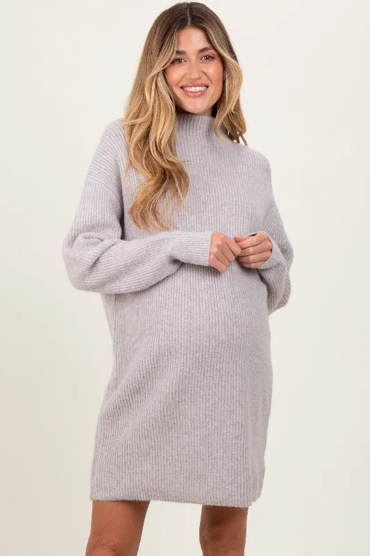 Plus Size Women's Asymmetric Hem Sweater Dresses in Modern Designs Heather Grey Mock Neck Maternity Mini Sweater Dress Plus Size Women's Asymmetric Hem Sweater Dresses in Modern Designs Heather Grey Mock Neck Maternity Mini Sweater Dress