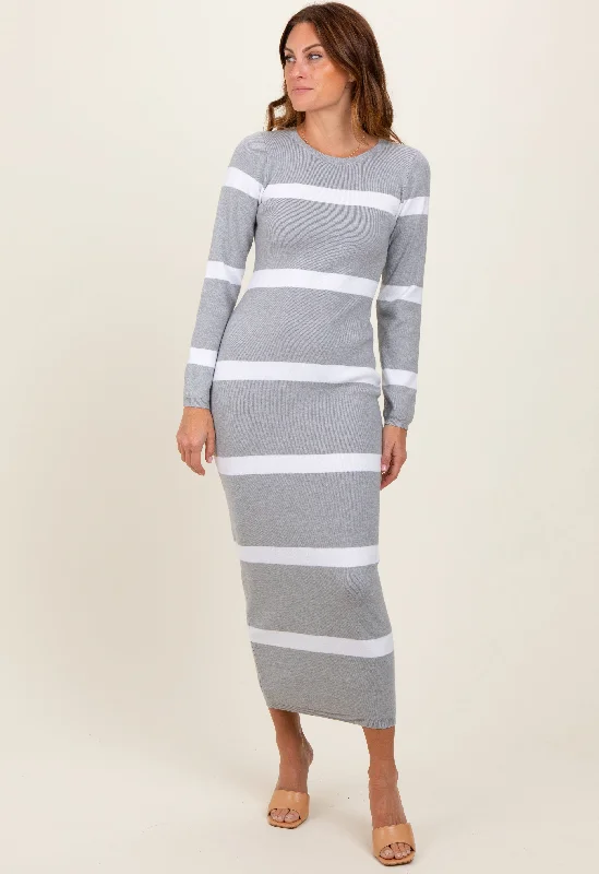 Wrap - Style Women's Lambswool Sweater Dresses in Elegant Shades Heather Grey Striped Knit Long Sleeve Midi Sweater Dress