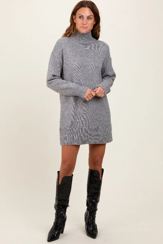 Mini - Length Women's Chunky Knit Sweater Dresses in Bold Hues Heather Grey Turtle Neck Mini Sweater Dress Mini - Length Women's Chunky Knit Sweater Dresses in Bold Hues Heather Grey Turtle Neck Mini Sweater Dress