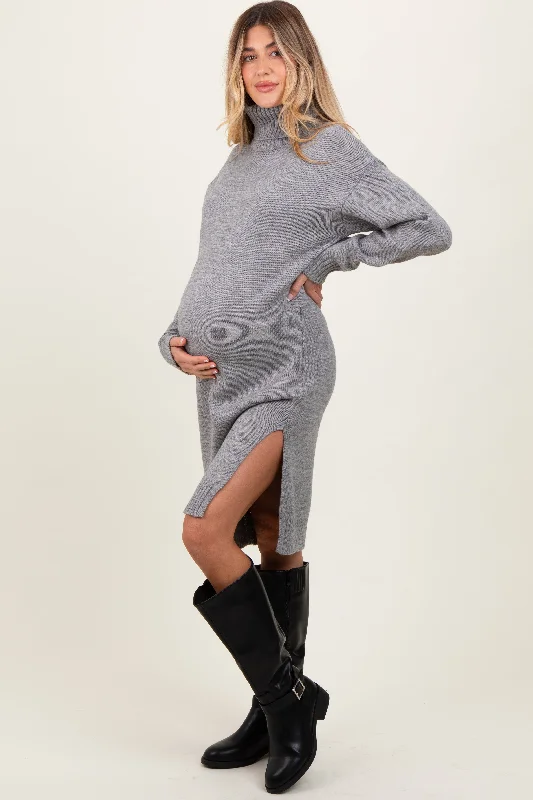 Plus Size Women's Open - Front Cardigan Style Sweater Dresses Heather Grey Turtleneck Side Slit Maternity Midi Sweater Dress Plus Size Women's Open - Front Cardigan Style Sweater Dresses Heather Grey Turtleneck Side Slit Maternity Midi Sweater Dress