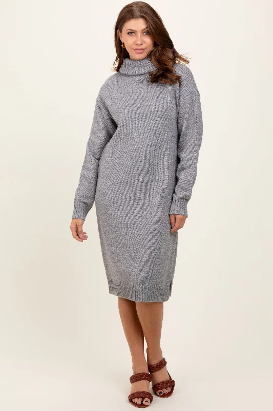 A - Line Women's Merino Wool Sweater Dresses in Classic Styles Heather Grey Turtleneck Side Slit Midi Sweater Dress A - Line Women's Merino Wool Sweater Dresses in Classic Styles Heather Grey Turtleneck Side Slit Midi Sweater Dress