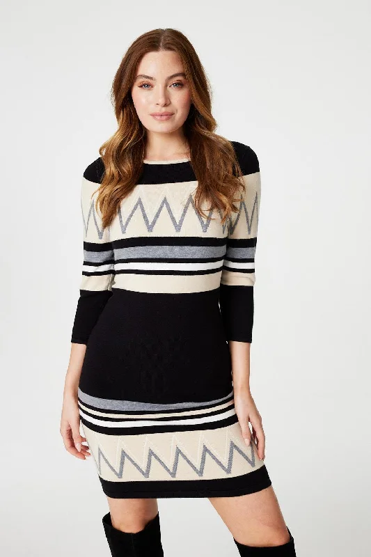 V - Neck Women's Ribbed Sweater Dresses with Belt for a Defined Waist Stripy 3/4 Sleeve Knit Dress V - Neck Women's Ribbed Sweater Dresses with Belt for a Defined Waist Stripy 3/4 Sleeve Knit Dress